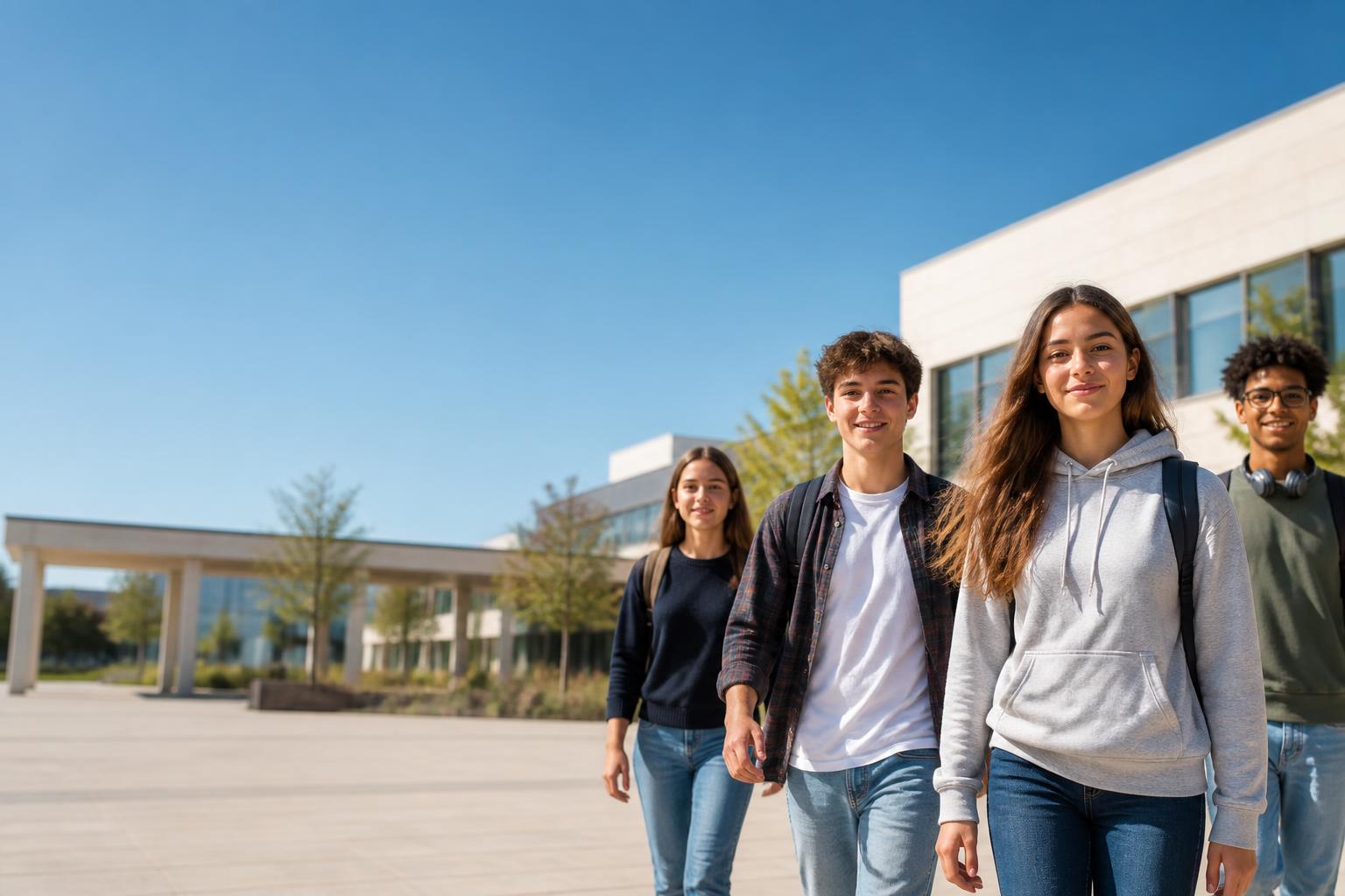 Adolescenti davanti a un istituto scolastico moderno